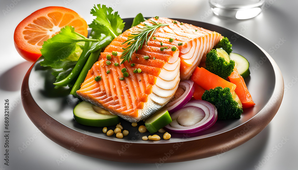 Fish dish - fish fillet and vegetables, tuna fillet and vegetables isolated on white background, Fish dish - fish fillet and vegetables, tuna fillet and vegetables isolated on white background,