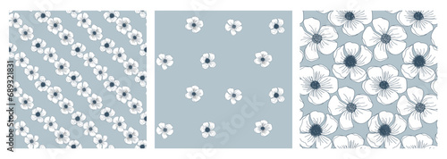 Floral seamless pattern collection with line art ink blossom flower head. Vector summer illustration for textile or wallpaper, scrapbook.