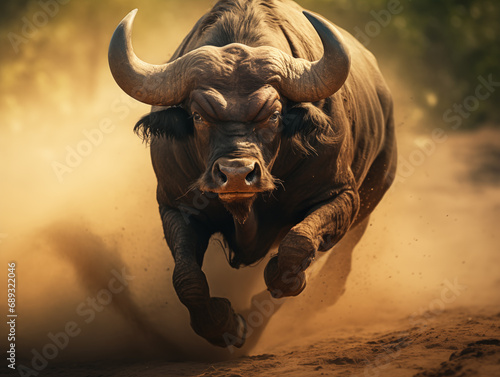 Angry African Cape Buffalo Surging Forward, Kicking Up Dust with Intense Fury
