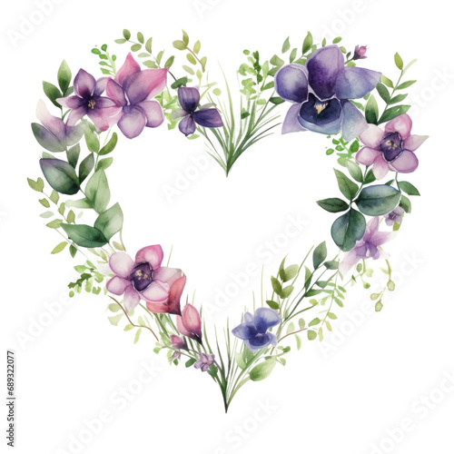 heart frame of flowers in watercolor, dark green and purple,