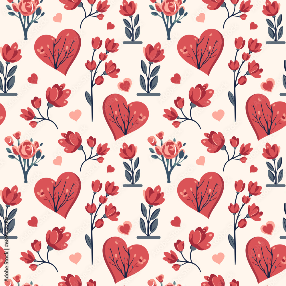 Love bouquets seamless vector background. Valentine's Day pattern. Heart shapes and romantic flowers.