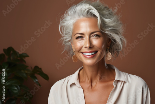 Middle aged woman looking at camera. Happy mature woman portrait. Aged female model with smile on her face and good skin. Concept of self care and healthy lifestyle in old age