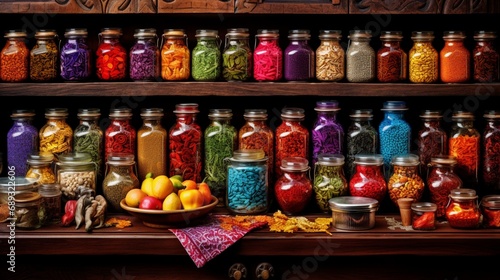 A captivating display of vibrant spices and condiments arranged in ornate jars, creating a colorful mosaic of flavors.