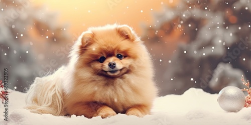 Cute Happy Beautiful Christmas Winter Dog Background - Animal Christmas Wallpaper with Empty Copy Space - Snowy Bokeh Snowflake Dog Backdrop created with Generative AI Technology © Animals Creator