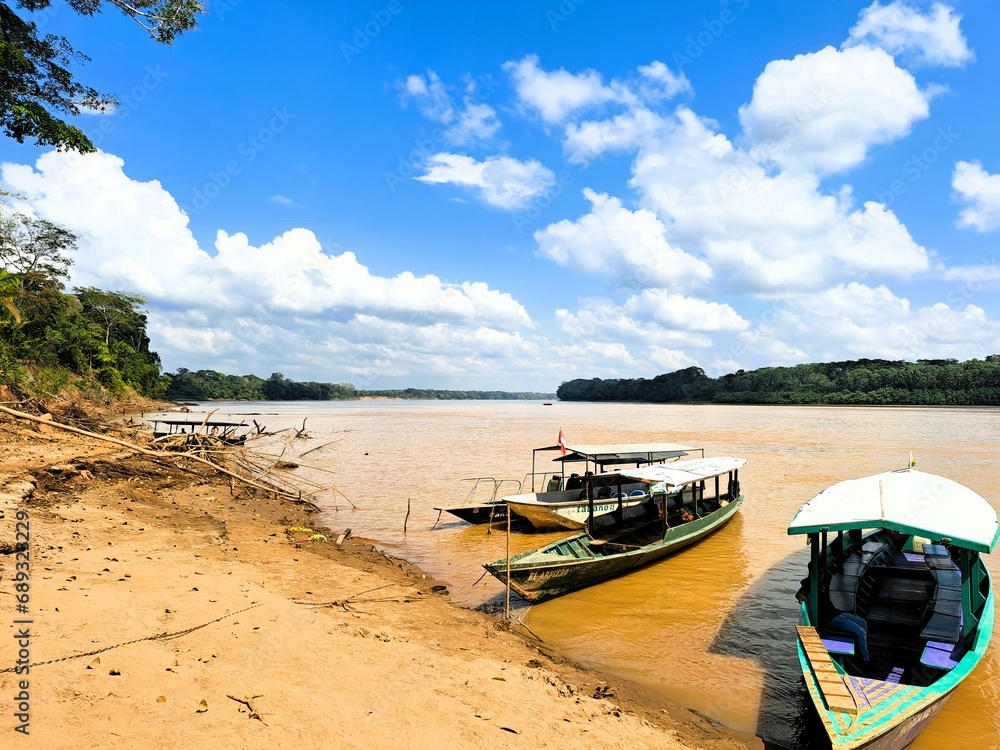 Wooden boats at the Madre de Dios river