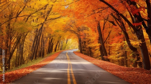 A charming country road winds through a tunnel of vibrant autumn trees, their colorful foliage creating a breathtaking canopy overhead.
