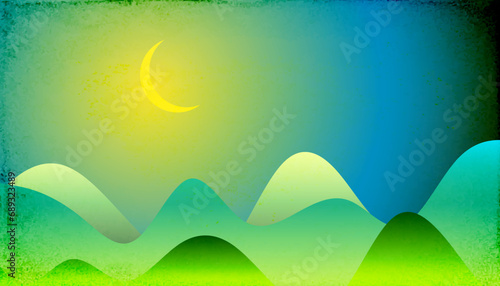 Vector Nocturnal Green Hill Landscape Illustration -  View with Rolling Hills and New Moon
