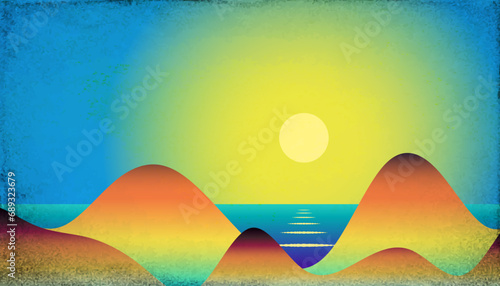 Vector Morning Hill Landscape Illustration -  View with Rolling Hills, Sunrise and See
 photo