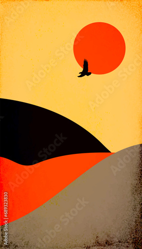 Vector Sultry Desert Hill Landscape Illustration -  View with Desert Dunes and Eagle 
