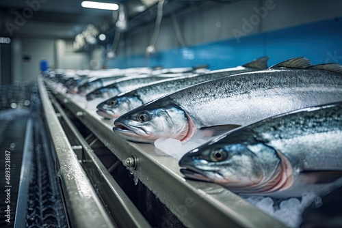 Fish at processing factory. Food industry. Generative Ai