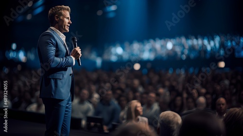 A charismatic corporate leader, confidently delivering an inspiring speech from a grand stage. attentive audience at a prestigious business conference. generative AI photo