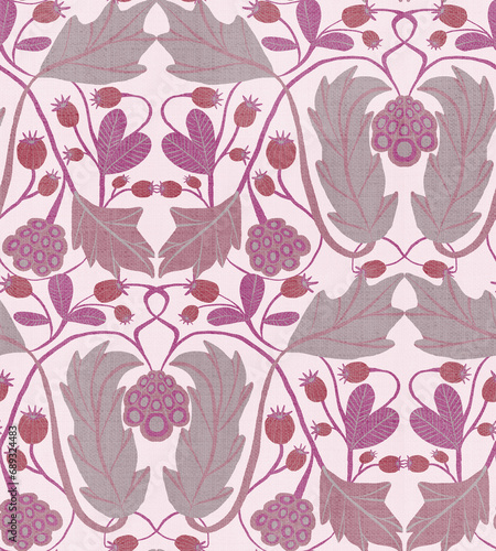 Seamless pattern, ornament with monochrome blackberries, berries and leaves on a pink background. Digital illustration. Suitable for interior, wallpaper, fabrics, clothing, stationery.