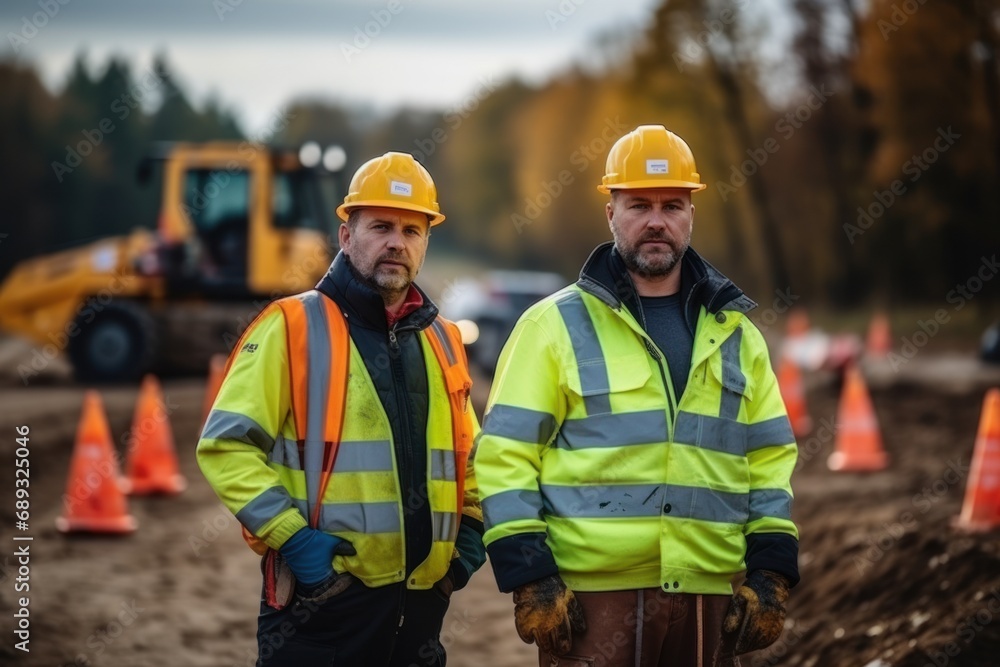 Builders and surveyors with machinery and warning signs during road construction Builders and surveyors with machinery and warning signs during road construction
