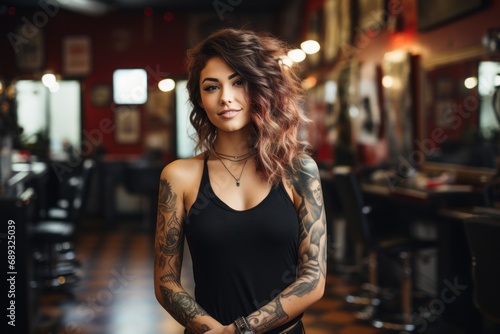 brunette barber woman smiling and laughing inside men s barbers