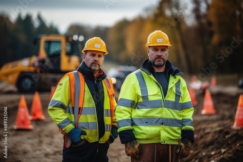 Builders and surveyors with machinery and warning signs during road construction