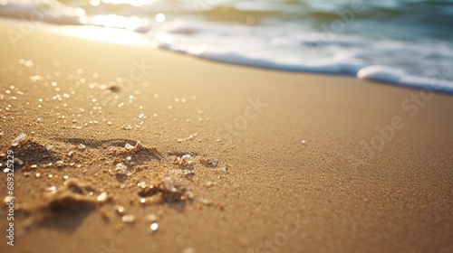 A close-up of a sandy beach, with individual grains of sand sparkling in the sunlight.