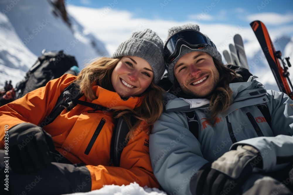young couple with skis laying on the snow young couple with skis laying on the snow