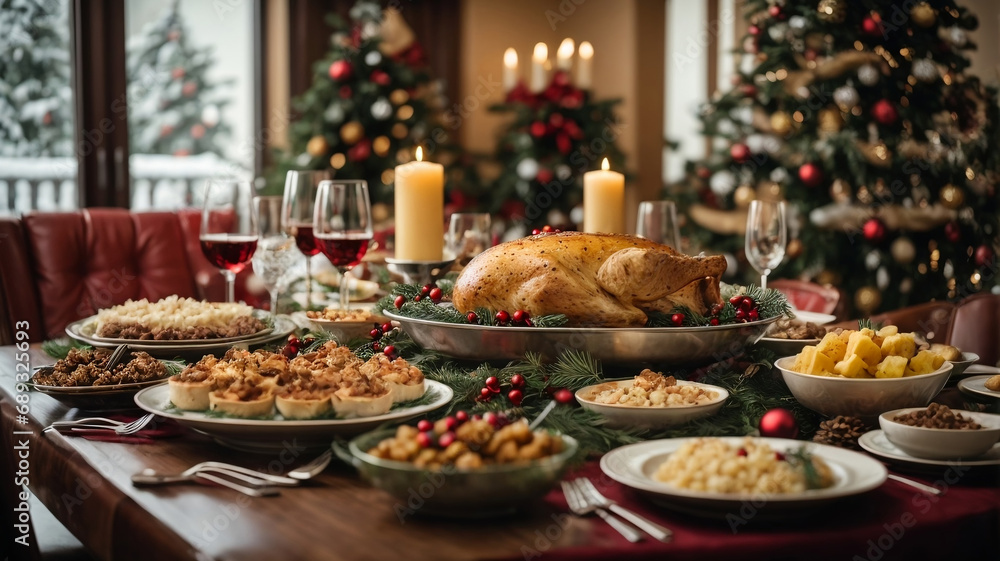 A lavish Christmas holiday table with turkey and treats in a cozy brightly decorated room for Christmas