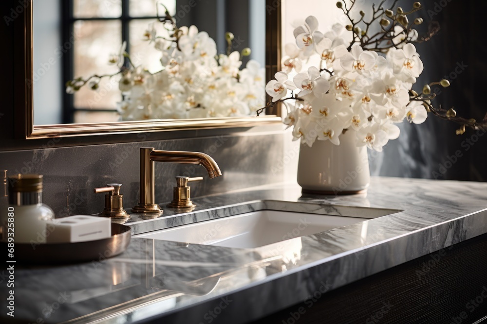 a beautiful and elegant bathroom, focusing on a close - up of the sink top