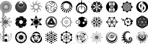 Real Crop Circle Image Icon Set - Geoglyph Round Element Clipart - Agroglyph Sacral Geometry Shape Design 
