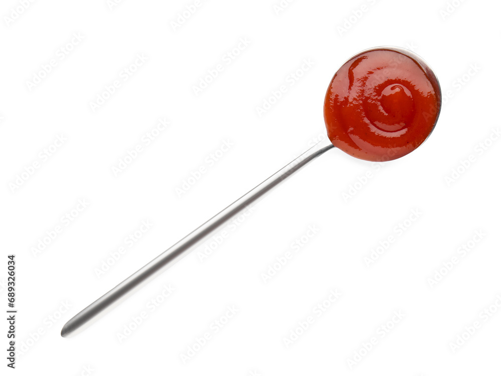 Metal spoon with tasty ketchup on white background Metal spoon with tasty ketchup on white background