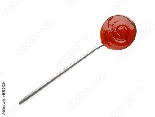 Metal spoon with tasty ketchup on white background