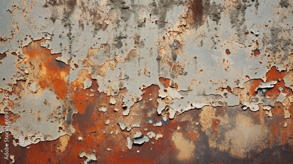 A close-up of a weathered metal surface, with rust and peeling paint adding to its textured appearance.