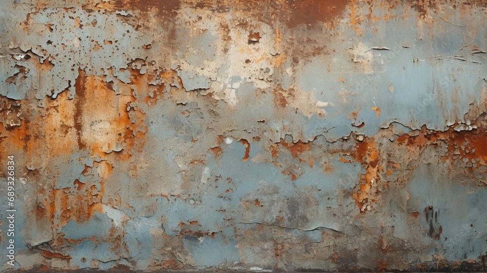 A close-up of a weathered metal surface, with rust and peeling paint adding to its texture.