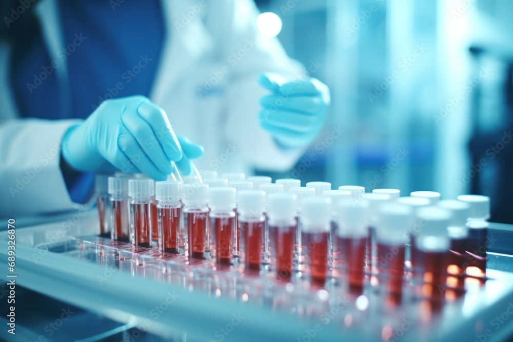 Doctor's hand holding test tubes with blood sample Doctor's hand holding test tubes with blood sample