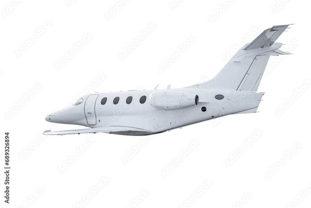 White modern luxury business jet flies isolated White modern luxury business jet flies isolated
