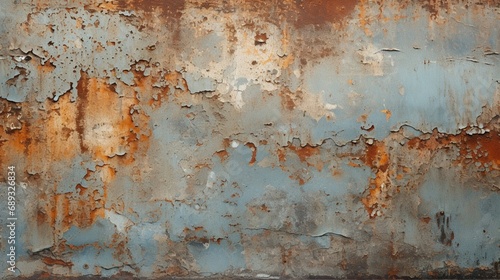 A close-up of a weathered metal surface, with rust and peeling paint adding to its texture.