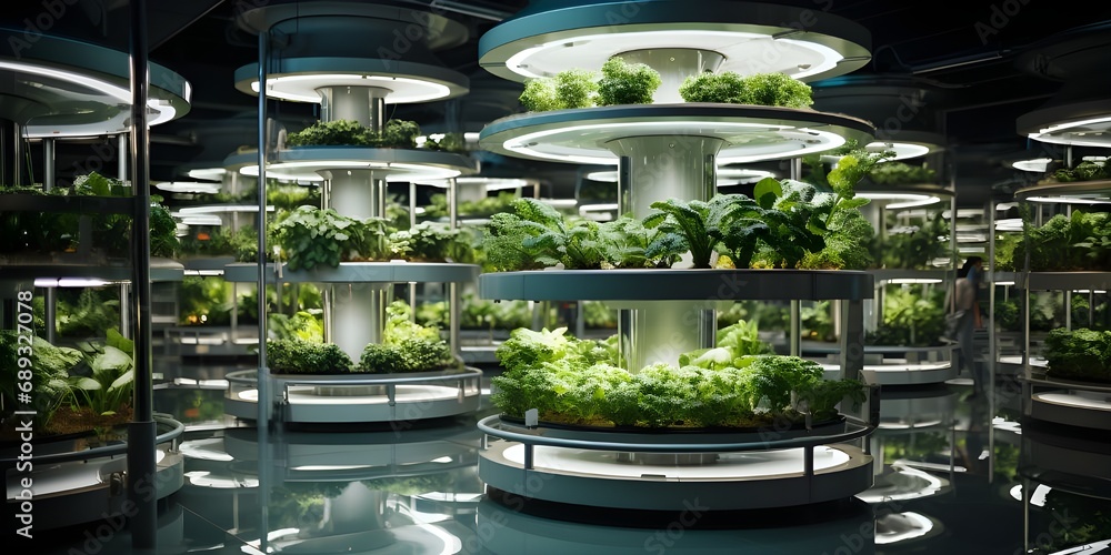 Harvest theme in vertical farming, plants grow on special shelves in optimal conditions. - obrazy, fototapety, plakaty 