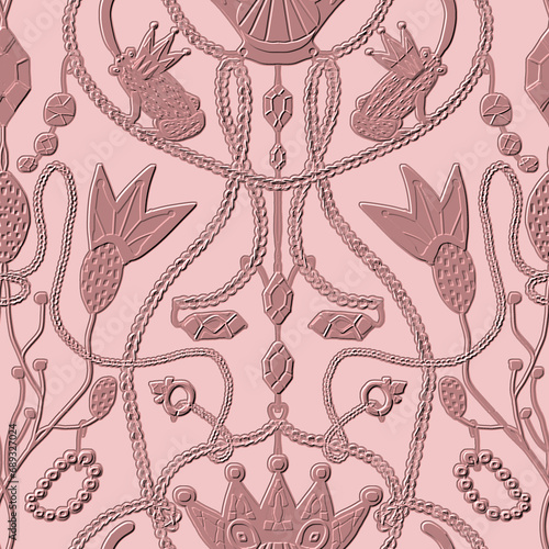 Seamless pattern, ornament with a fairy princess frog, chains, jewelry and decorations on a pink background. Digital illustration. Suitable for interior decoration, wallpaper, fabrics, clothing