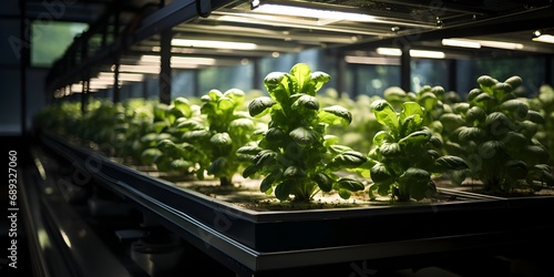 Harvest theme in vertical farming, plants grow on special shelves in optimal conditions.