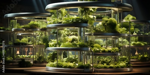 Harvest theme in vertical farming, plants grow on special shelves in optimal conditions. © emerald17