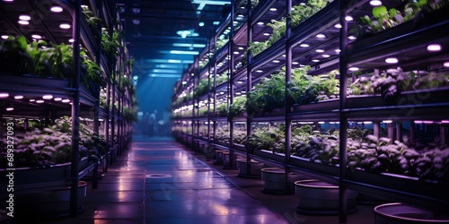 Harvest theme in vertical farming, plants grow on special shelves in optimal conditions. photo