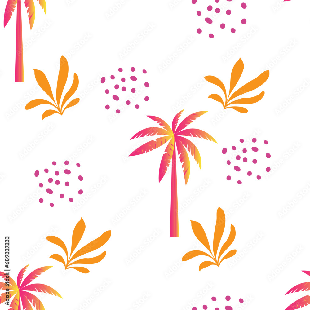 Vector seamless tropical pattern with palm tree and leaves on white background. Vector floral illustration for textile, print, pattern, wallpapers, wrapping.