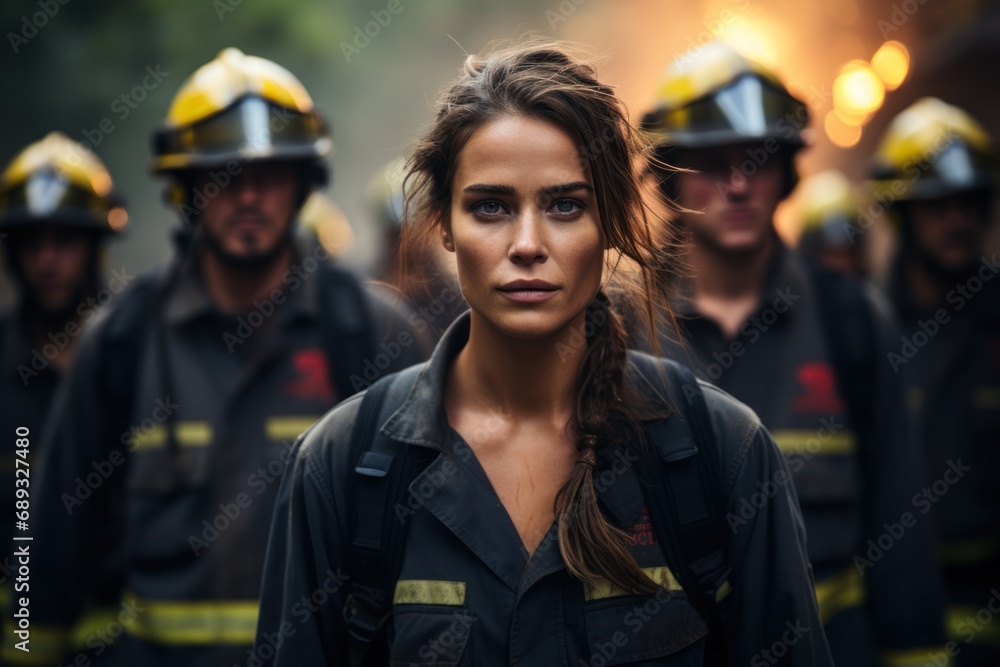a woman wearing a firefighter uniform walking with other people a woman wearing a firefighter uniform walking with other people