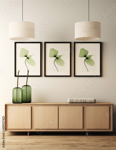 rendered image of a living room with framed pictures and wooden cabinet,