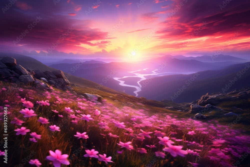 a beautiful purple sunset with pink flowers,