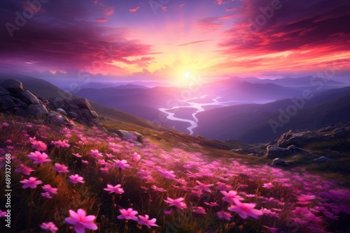 a beautiful purple sunset with pink flowers,