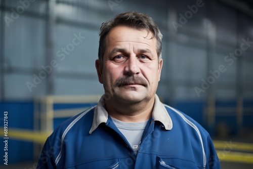 Close-up portrait of a middle-aged worker in blue workwear with a blurred industrial background.