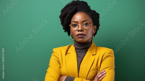 a black woman in glasses is posing with a brightly colored background,