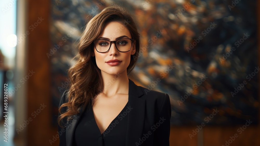 a business woman wearing glasses is standing in front of a painting, a business woman wearing glasses is standing in front of a painting,