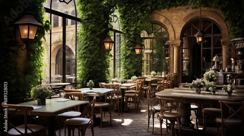 A European-style caf  C  draped in ivy  where croissants and coffee beckon from quaint wrought-iron tables.