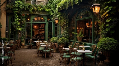A European-style caf?(C) draped in ivy, where croissants and coffee beckon from quaint wrought-iron tables.