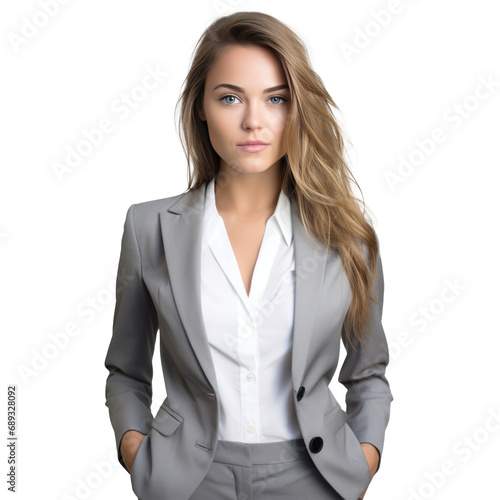 a business woman in a suit posing,