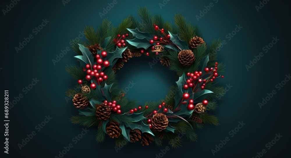 a christmas wreath in a form of a christmas ring on green background,