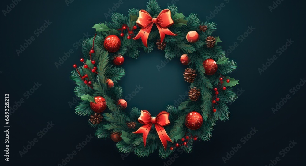 a christmas wreath in a form of a christmas ring on green background,