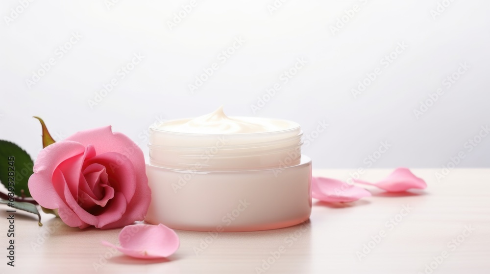 A jar of cream next to a rose on a table A jar of cream next to a rose on a table